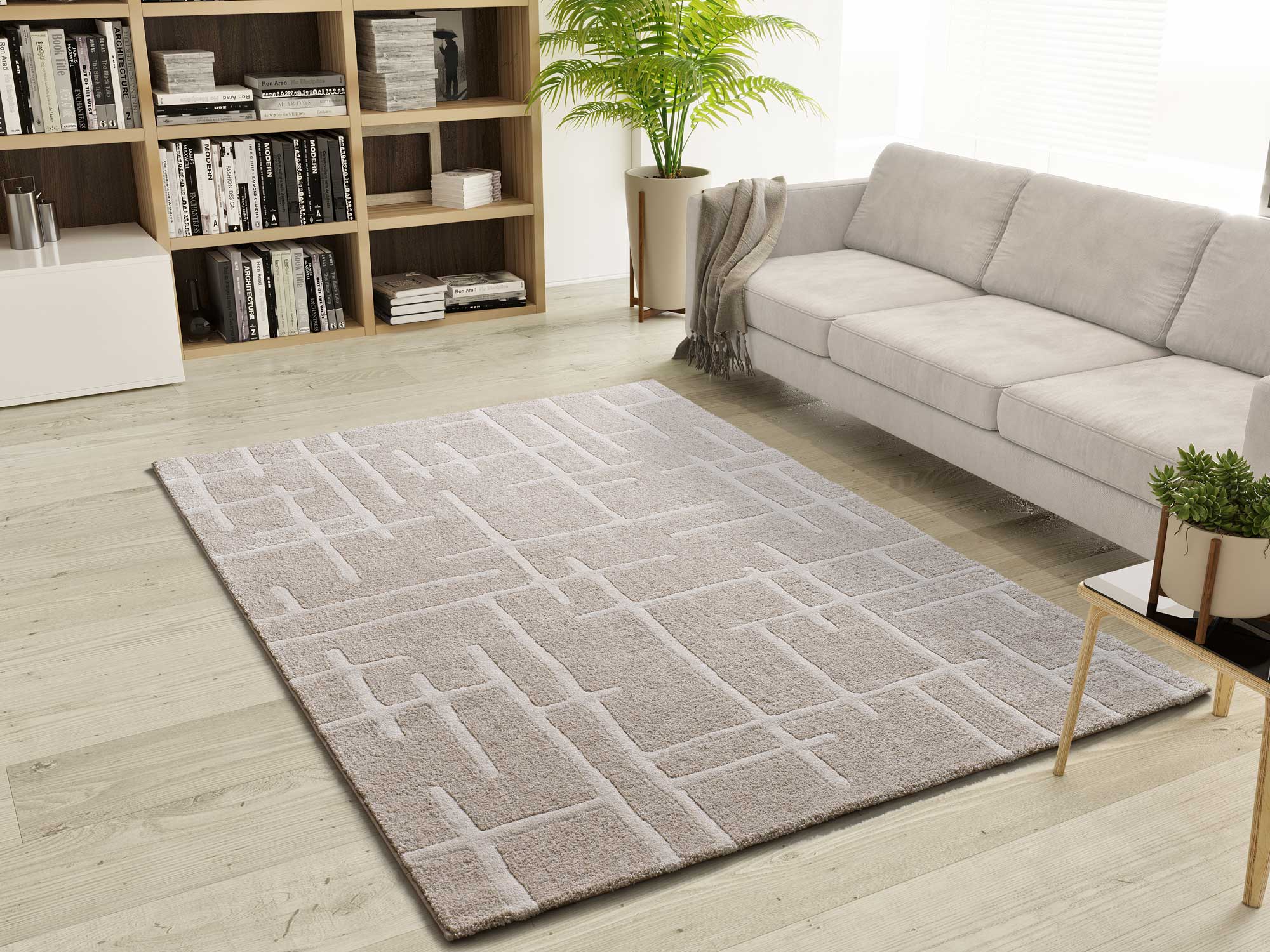 Atticgo Alfombra geométrica con relieve Caledonia 77301 Beige ambiente