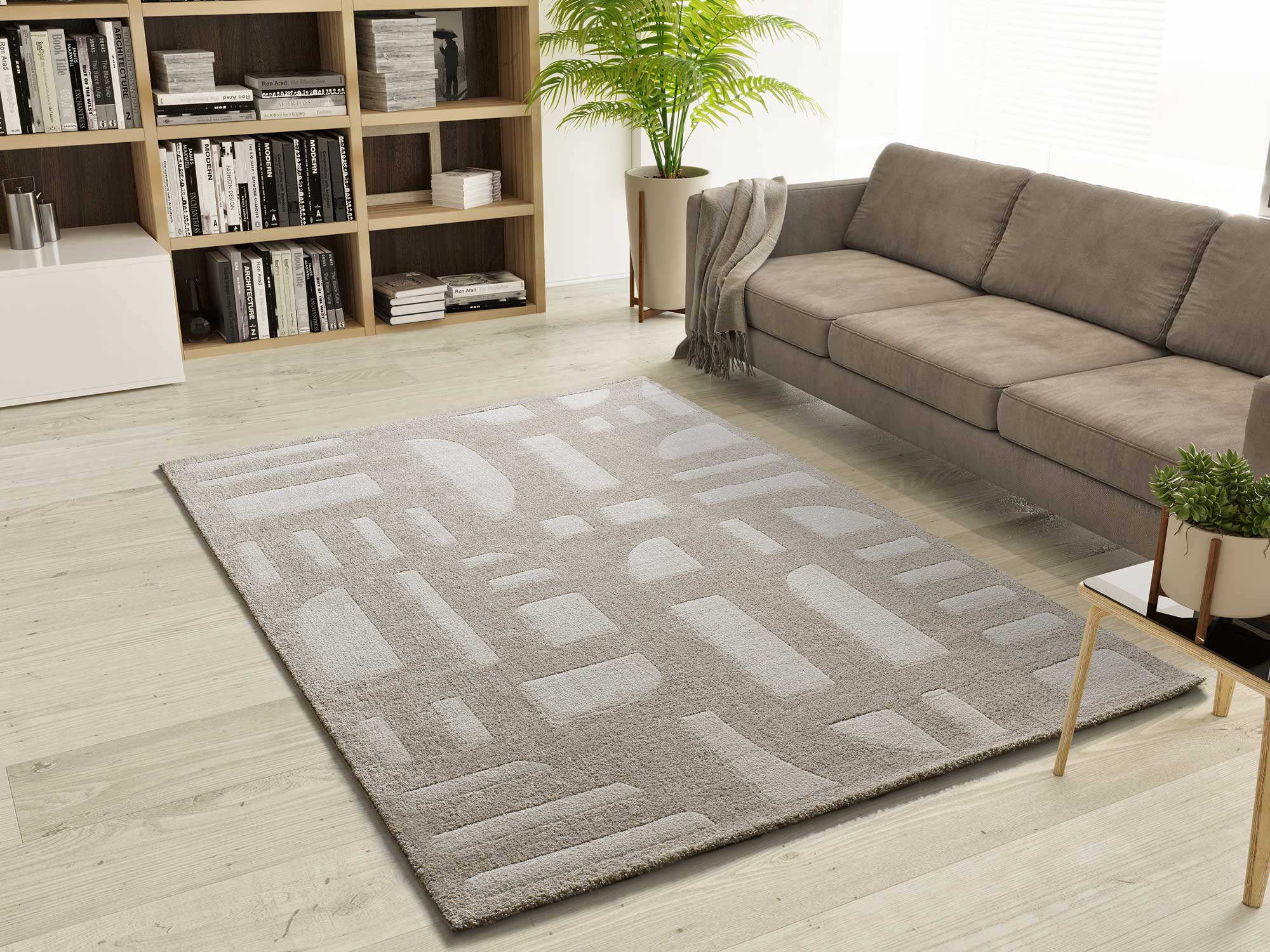 Atticgo Alfombra geométrica de tacto suave Caledonia 77308 Beige ambiente