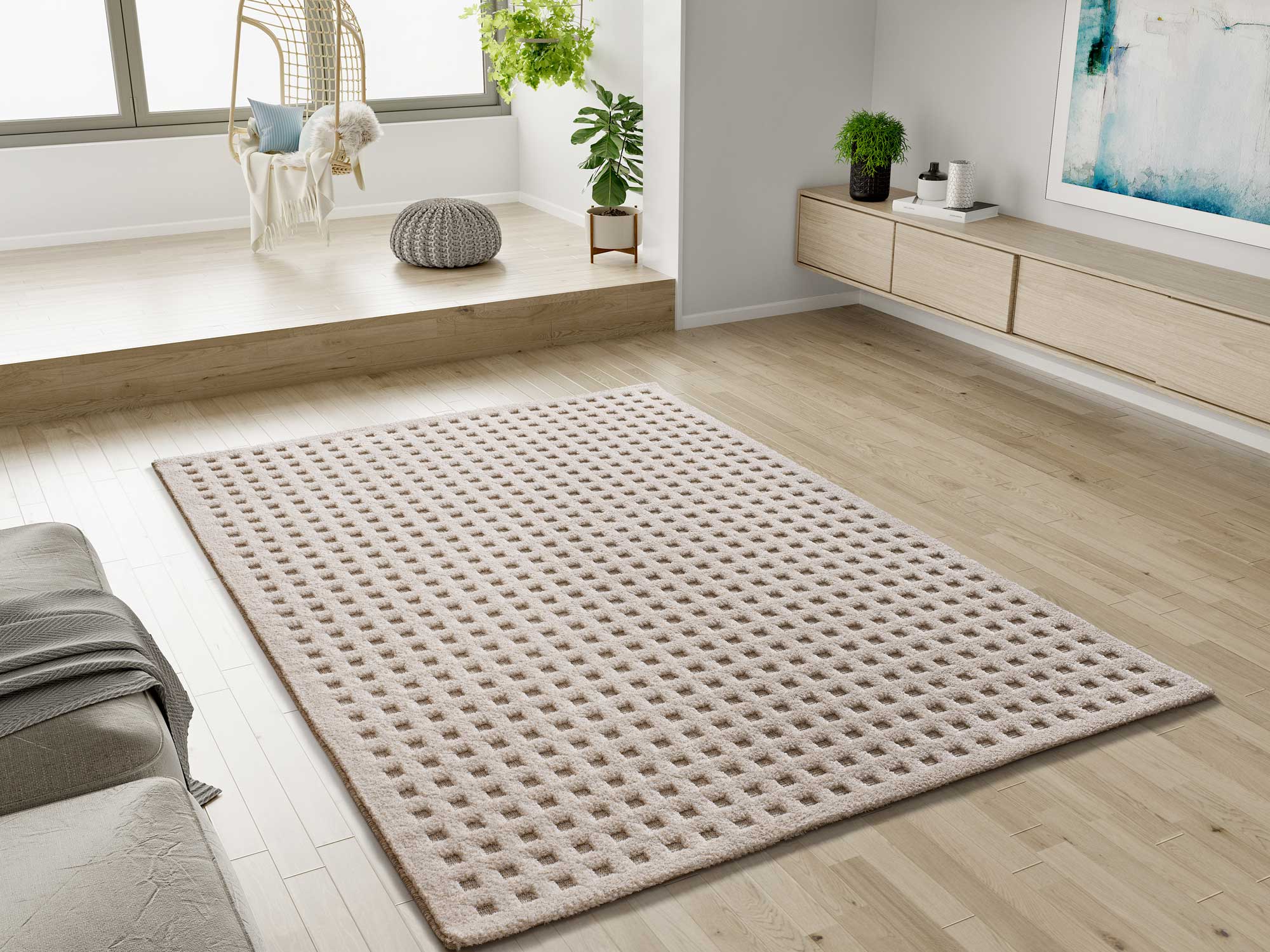 Atticgo Alfombra diseño cuadros en relieve Diena 40418 Blanco ambiente