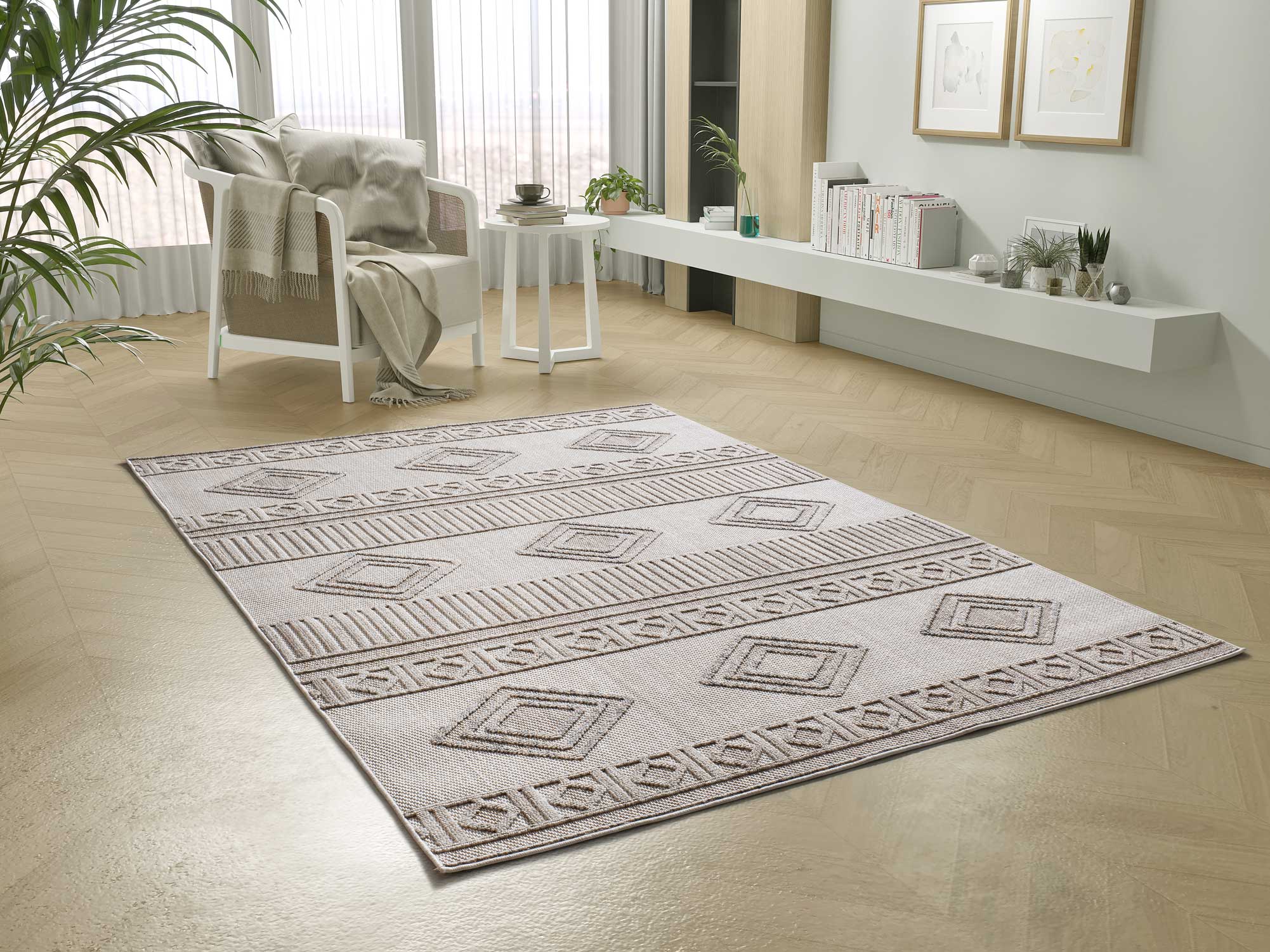 Atticgo Alfombra con relieve de estilo étnico ELEMENT 8921 Beige ambiente