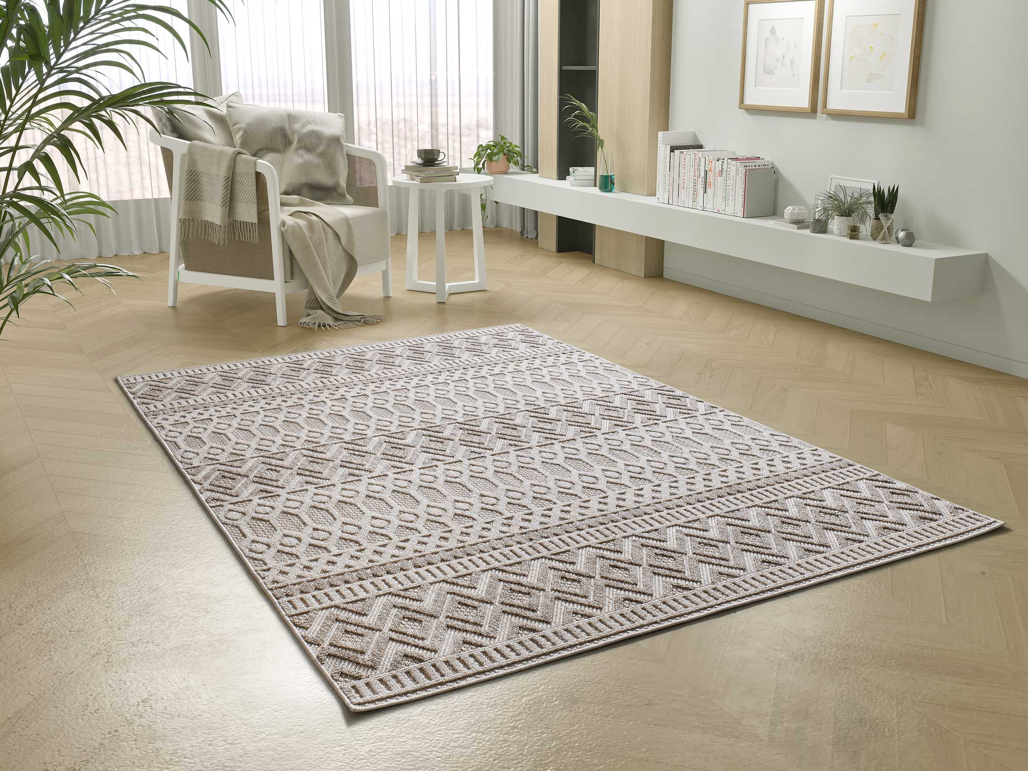 Atticgo Alfombra étnica con relieve ELEMENT 8937 Beige ambiente