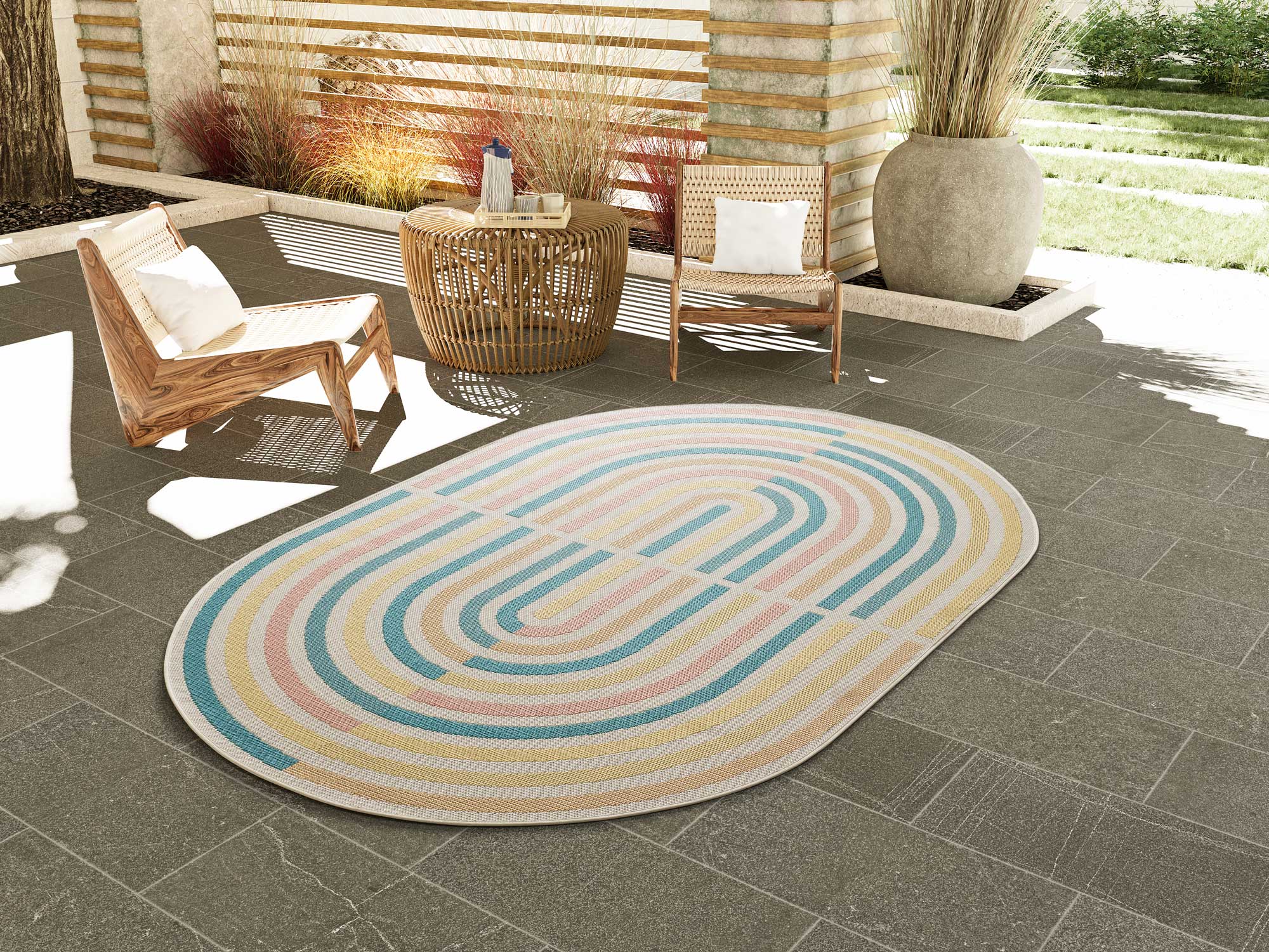 Atticgo Alfombra ovalada de exterior en tonos pastel Manila 17636, 160x230 cm ambiente