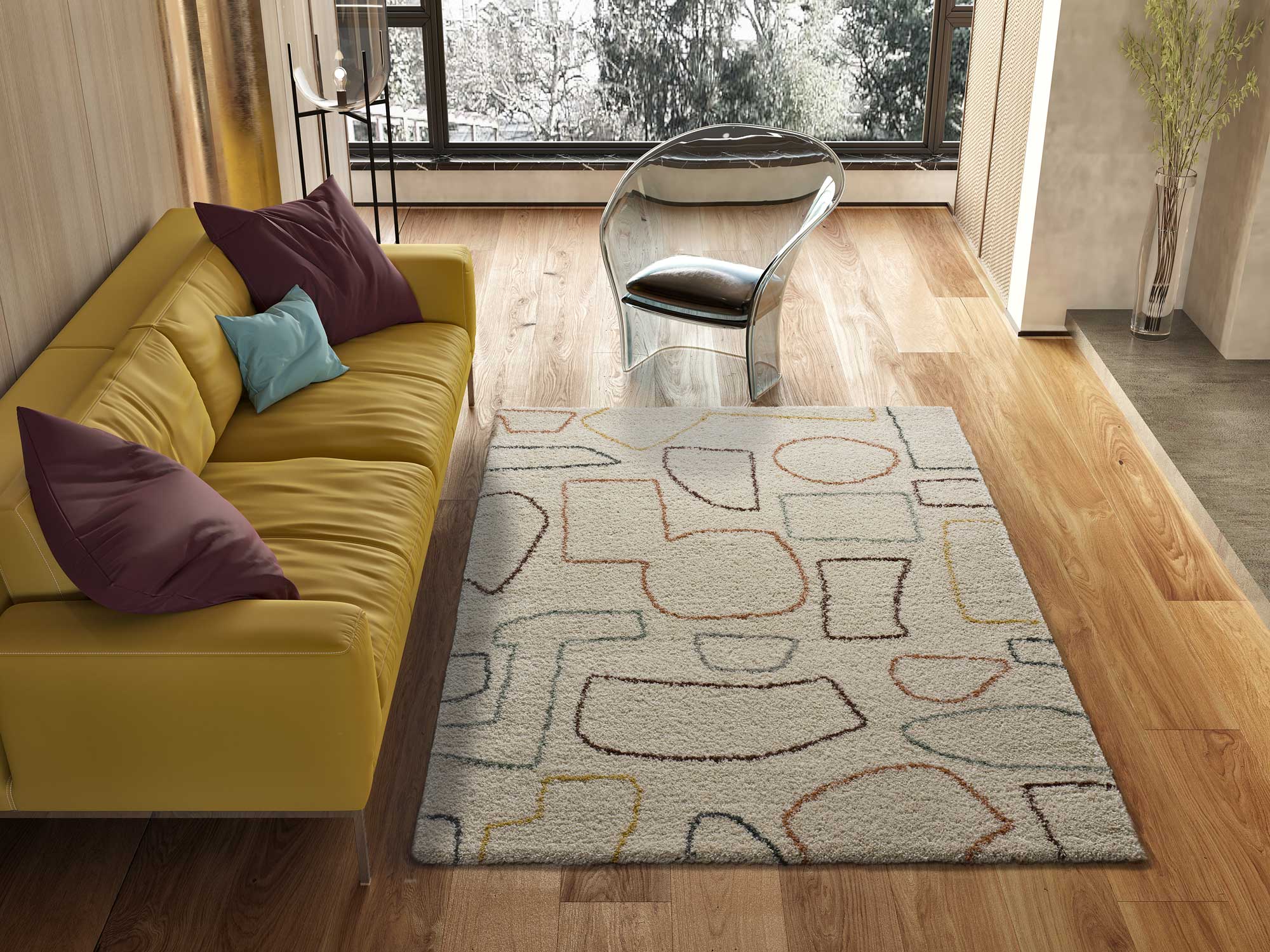 Atticgo Alfombra geométrica de pelo alto y colores empolvados Maris 62617 Multicolor ambiente